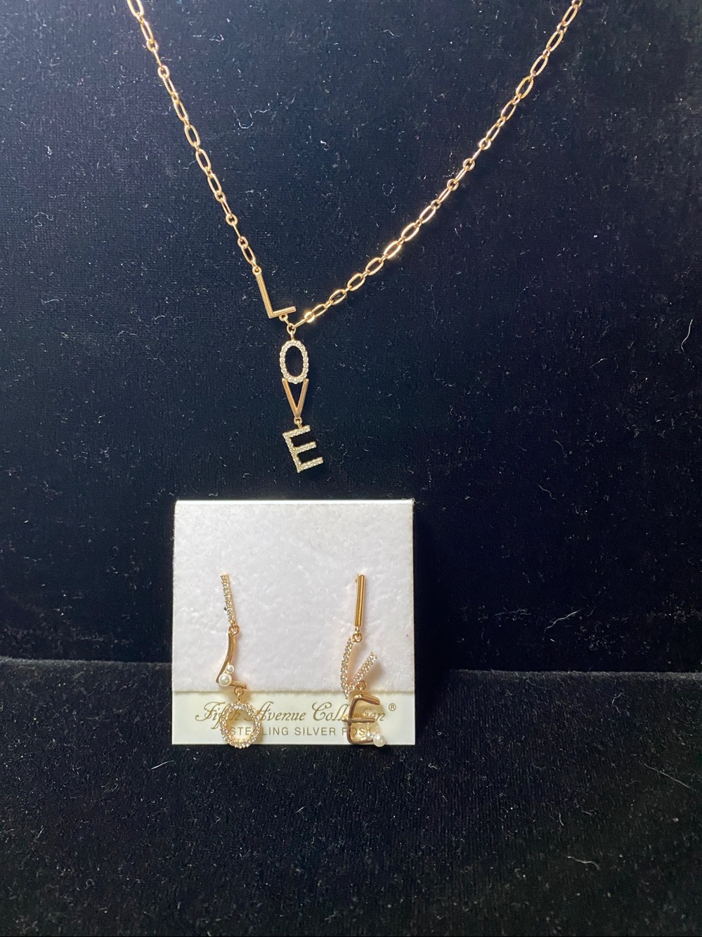Fifth Ave Rose Gold LOVE Letter Pendant Necklace Earring Set Cubic Zirconia